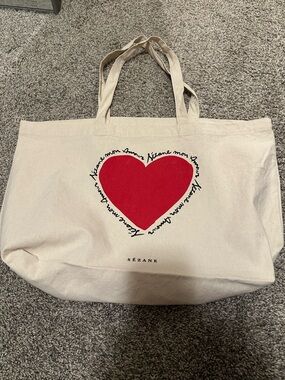 Sezane Cream Canvas Tote with Red Heart